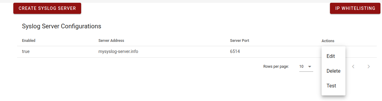 Syslog server Actions menu with Edit, Delete, and Test options