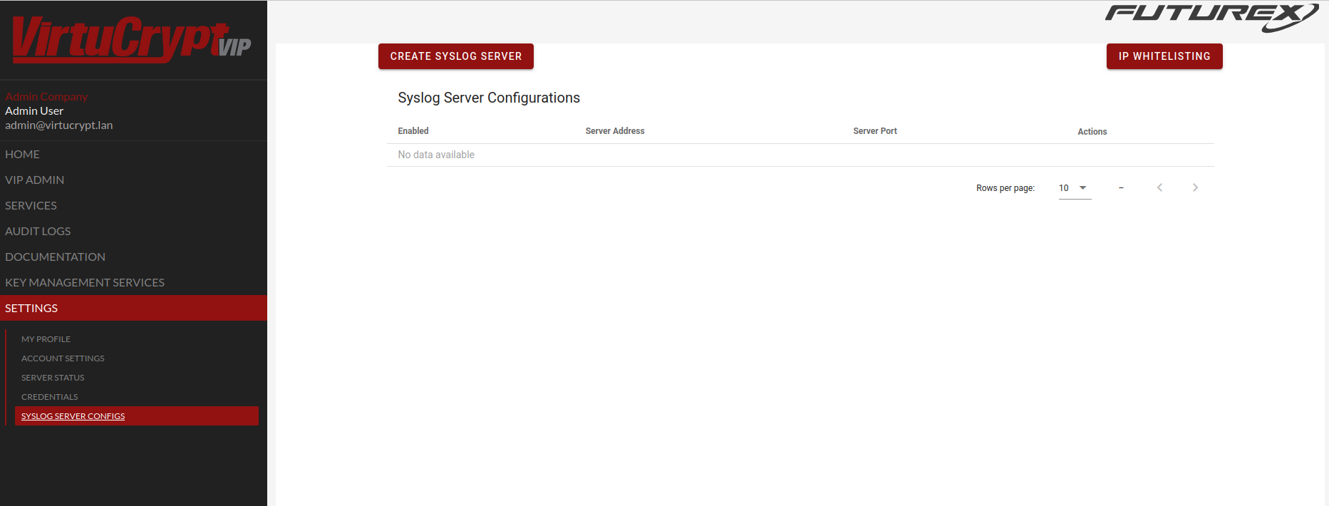 Syslog Server Configurations page