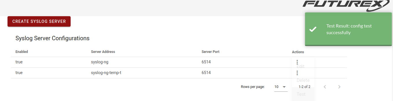 Successful syslog test result toast