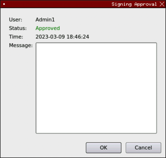 Signing Approval dialog showing Approved status