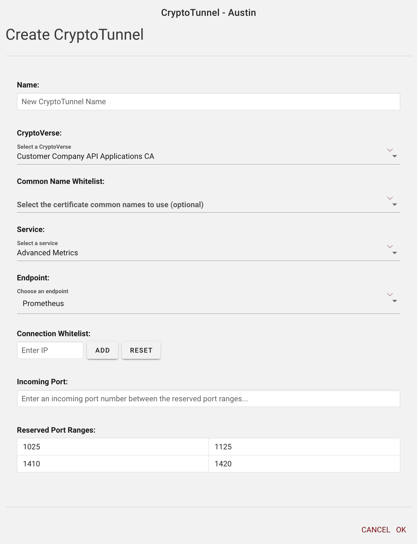 CryptoTunnel creation settings