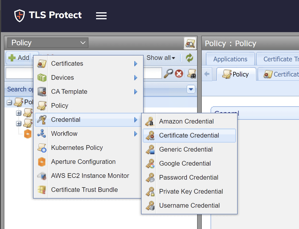 Add > Credential > Certificate Credential menu in Venafi TPP