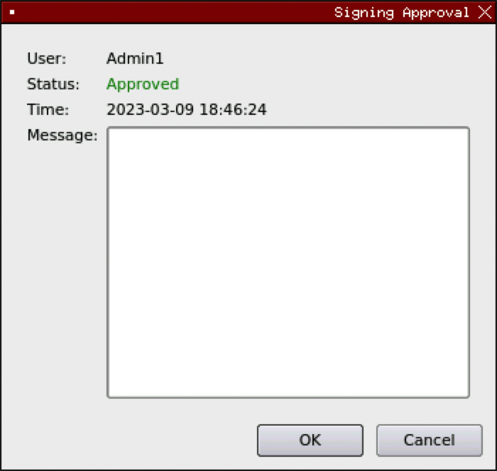Signing Approval dialog showing Approved status
