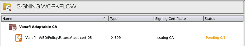 Signing Workflow showing pending certificate request
