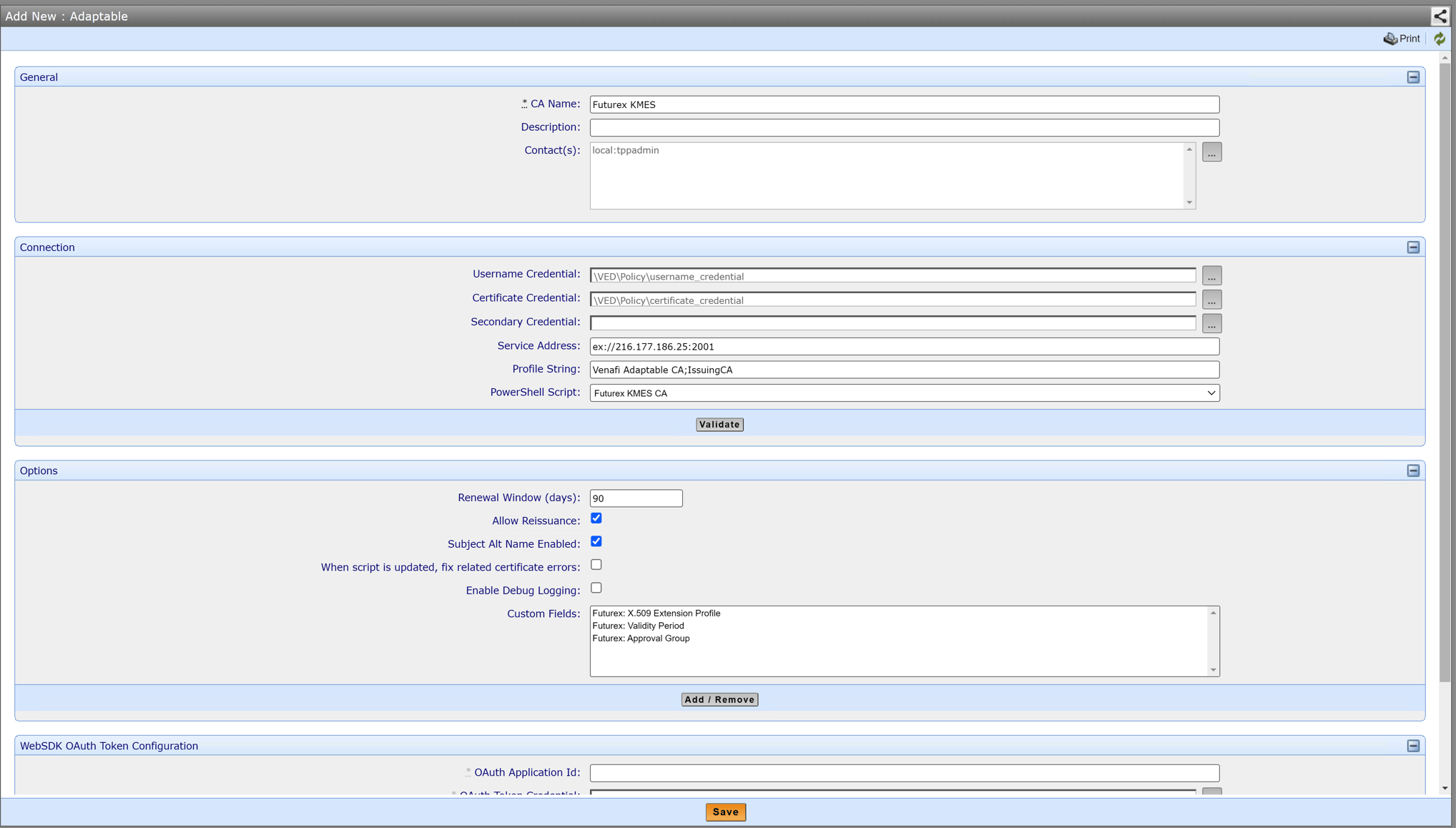 Add New Adaptable CA template window showing General, Connection, Options, and Custom Fields sections