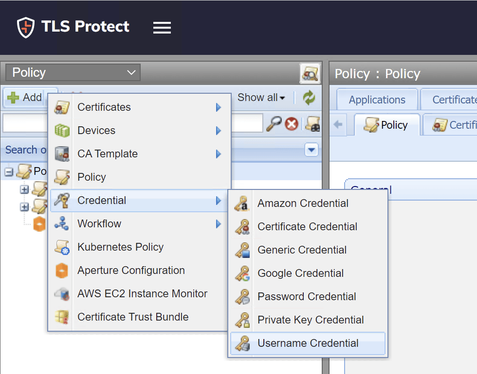 Add > Credential > Username Credential menu in Venafi TPP