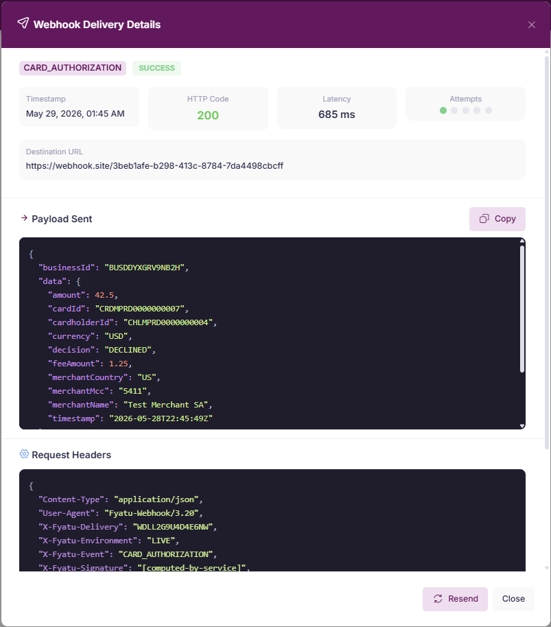 Webhook delivery details showing payload, headers, HTTP status, and latency