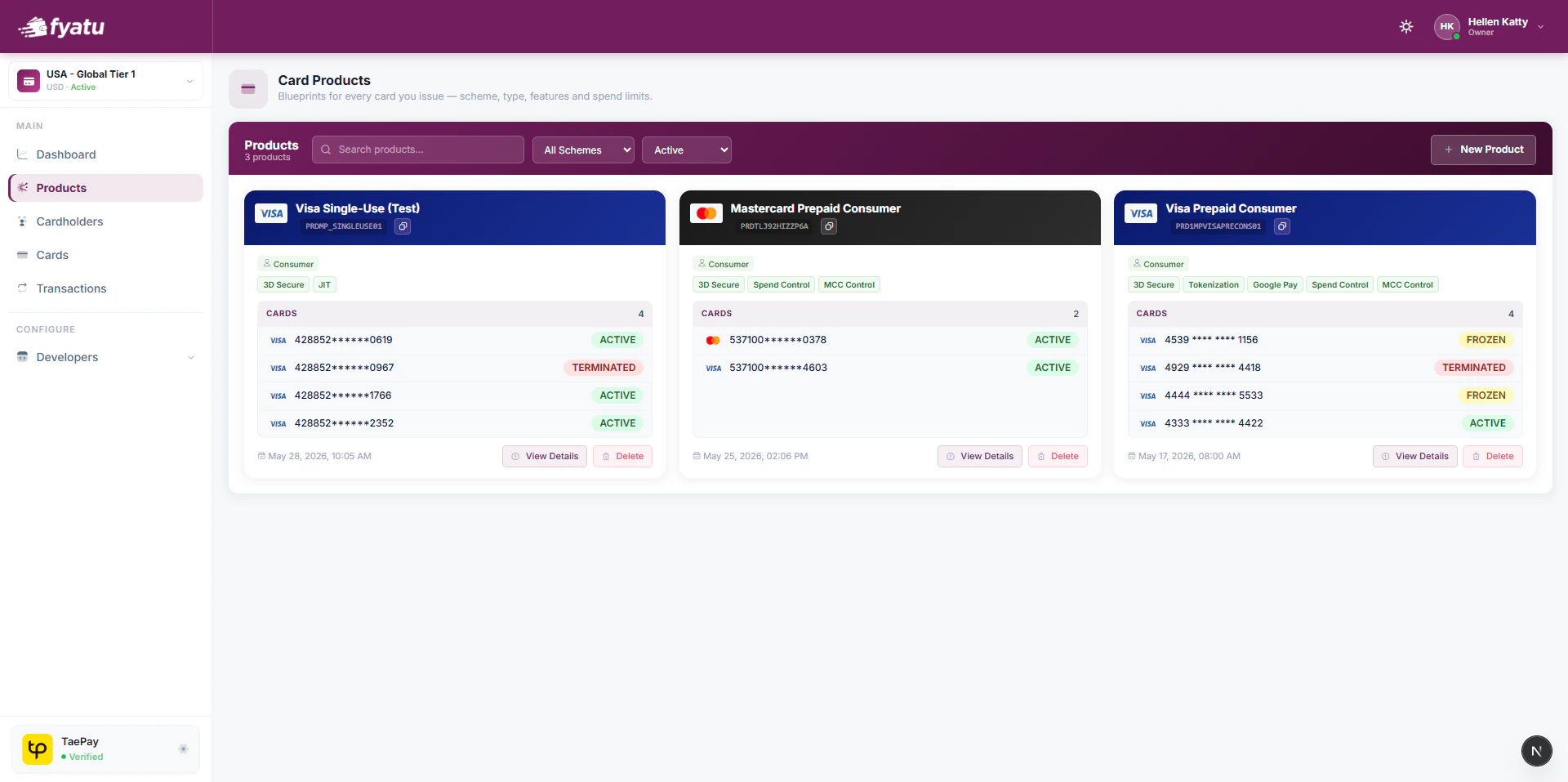 Card Products showing configured Visa and Mastercard program blueprints with active cards