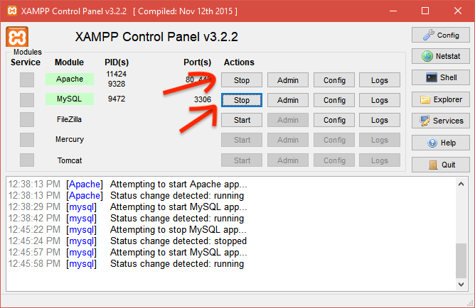 XAMPP Apache and MySQL