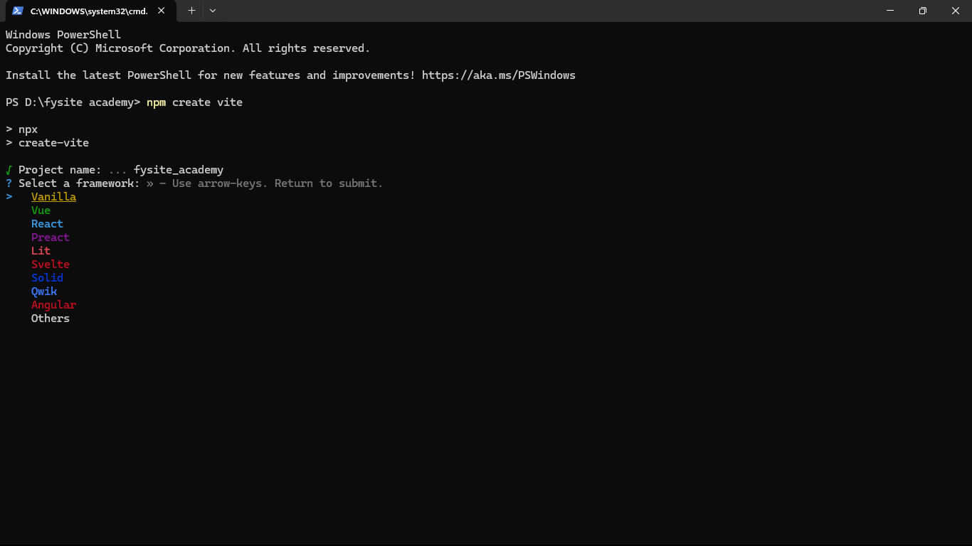 Vite framework selection