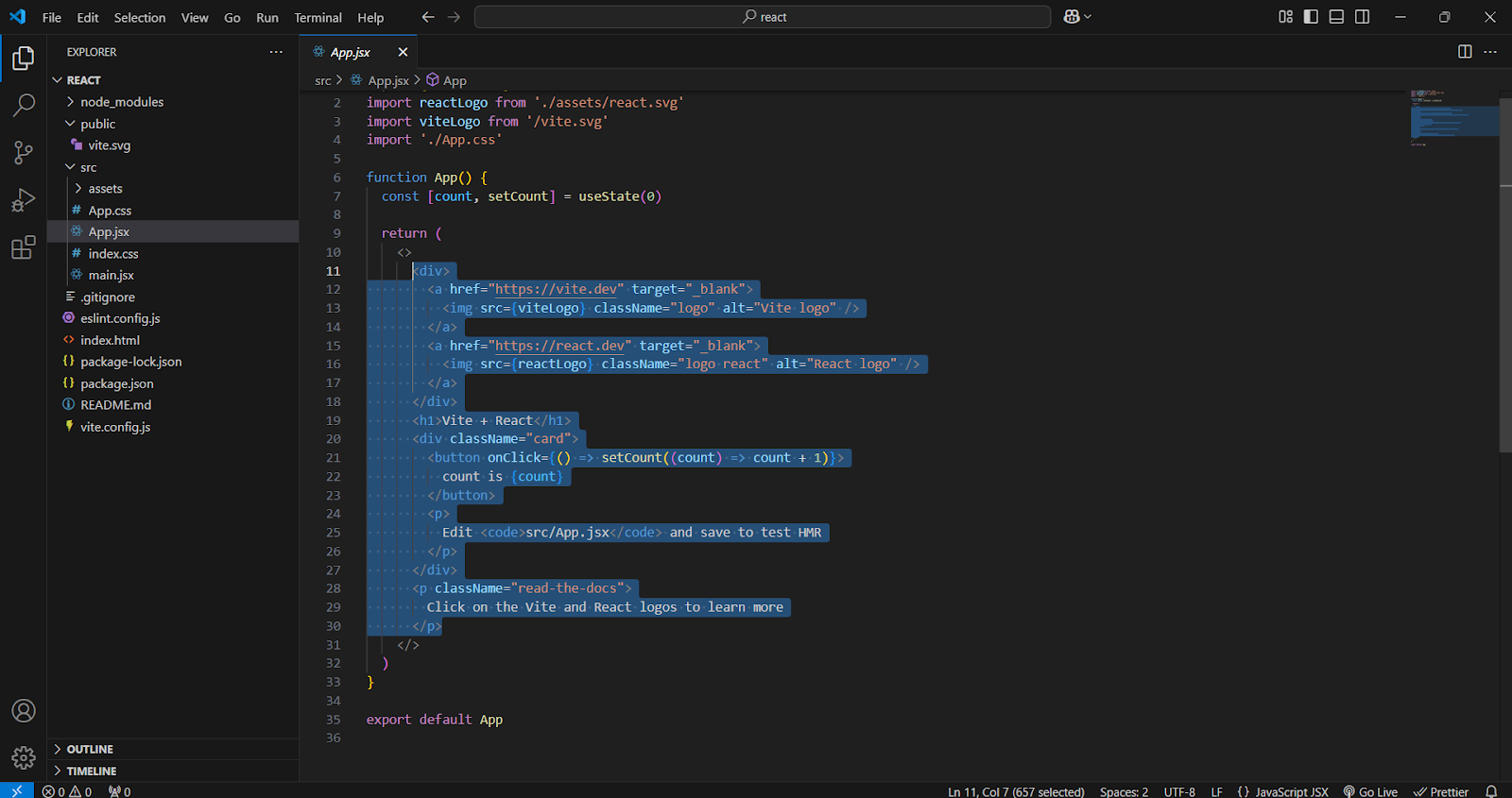 App.js default content