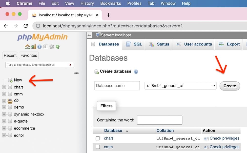 phpMyAdmin new database