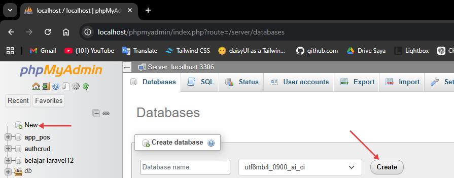 phpMyAdmin new database