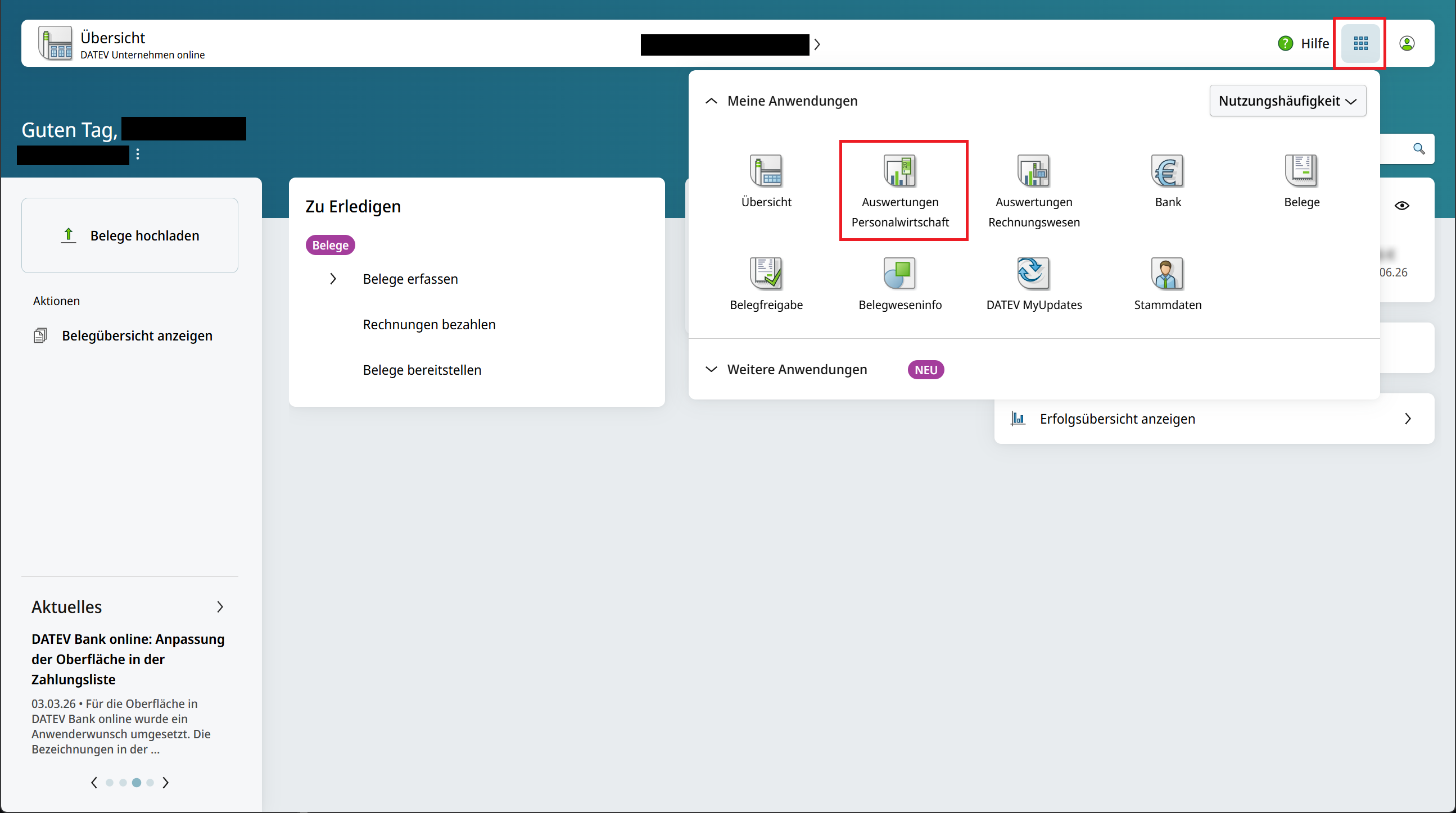 Menü Meine Anwendungen in DATEV Unternehmen online mit Auswertungen Personalwirtschaft