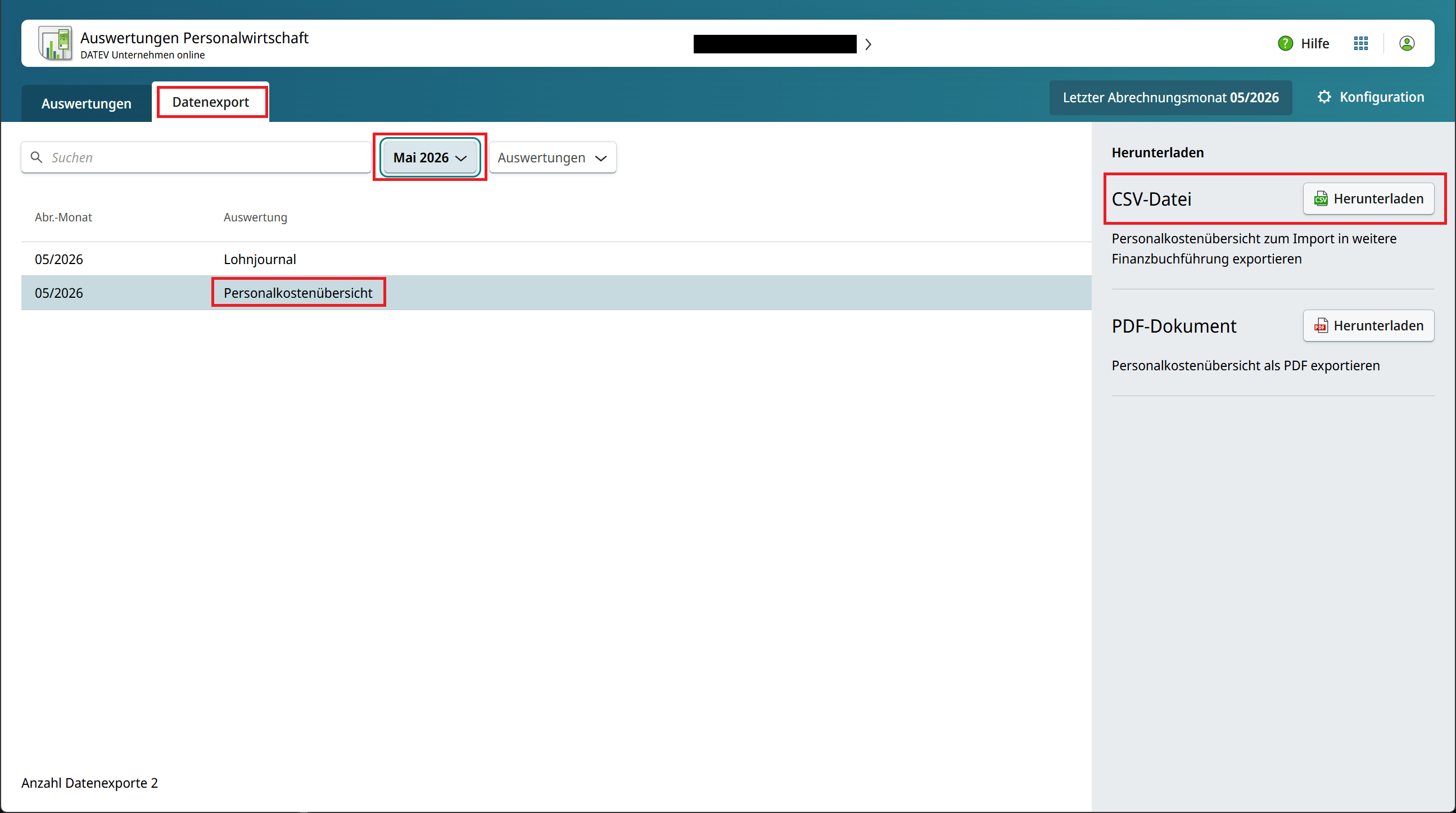DATEV Datenexport: Monat wählen, Personalkostenübersicht auswählen und CSV-Datei herunterladen