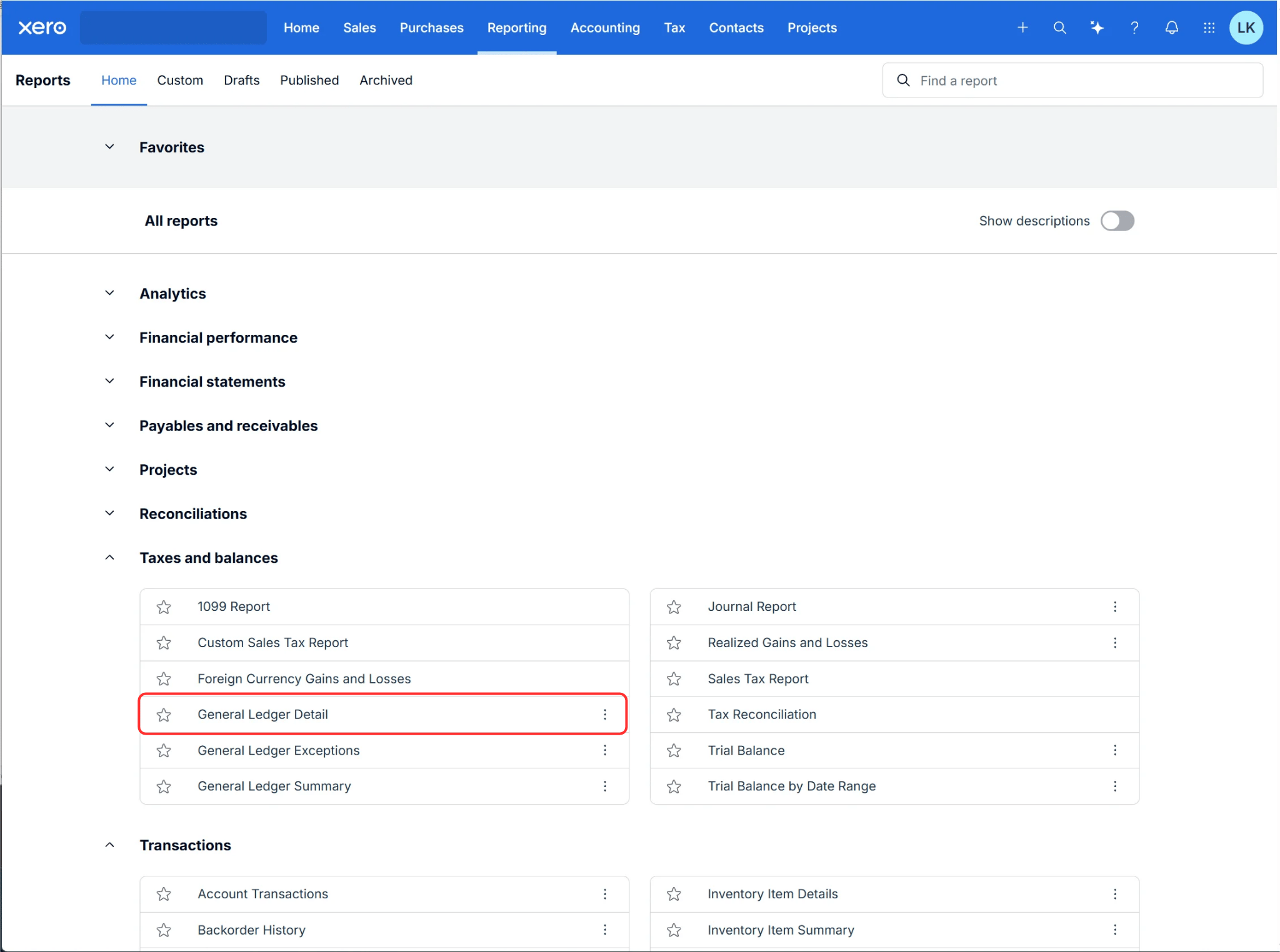 Xero Reports: General Ledger Detail unter Taxes and balances