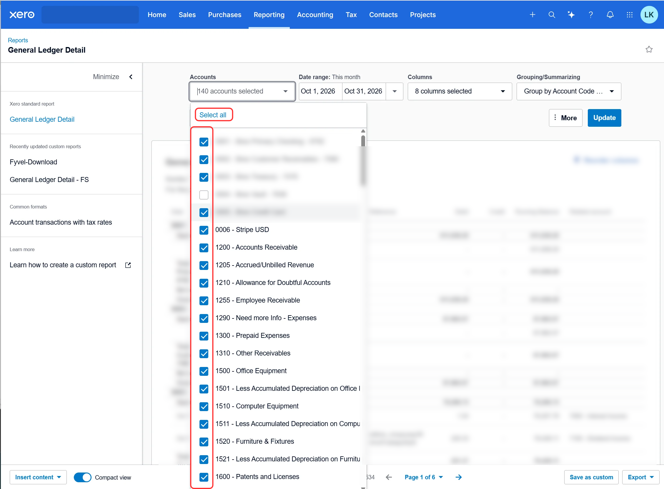 Kontenauswahl in Xero mit Select all