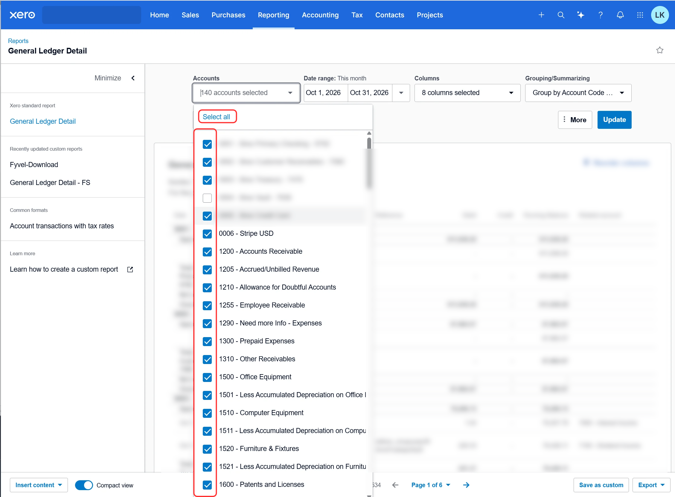 Kontenauswahl in Xero mit Select all