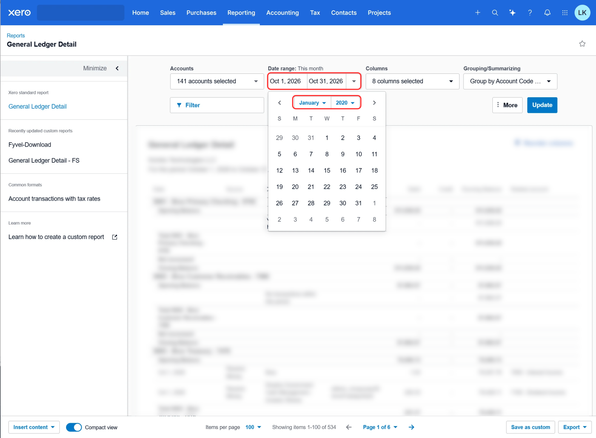 Datumsauswahl im Xero-Bericht General Ledger Detail