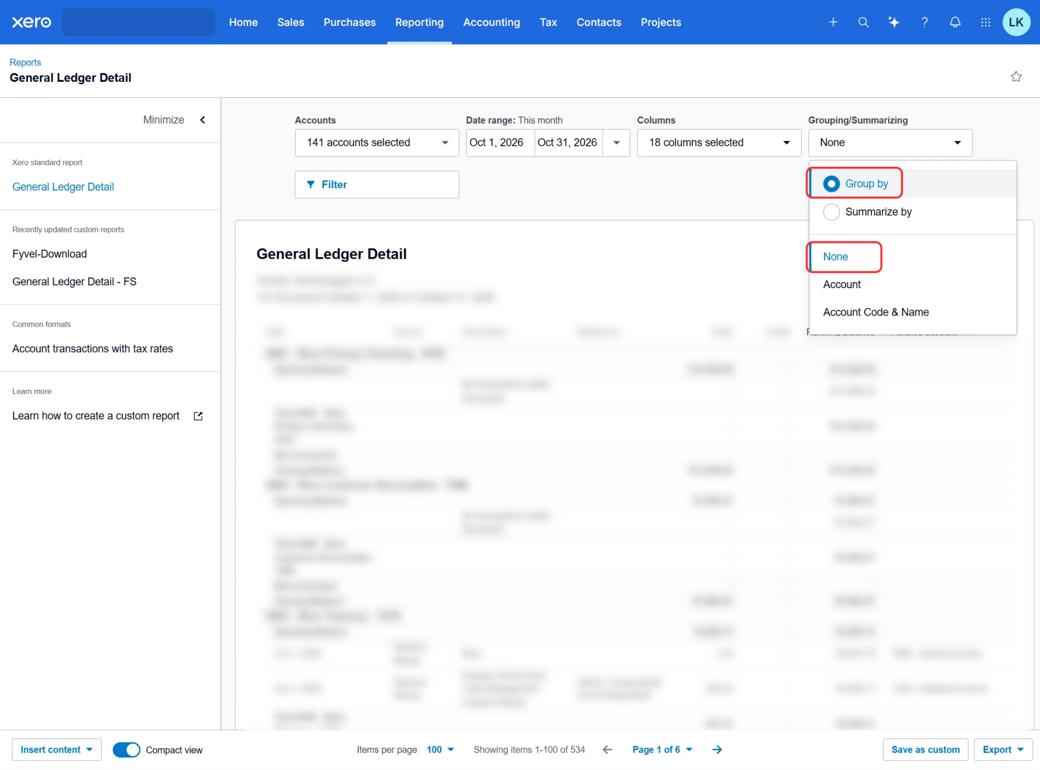 Grouping in Xero: Group by None
