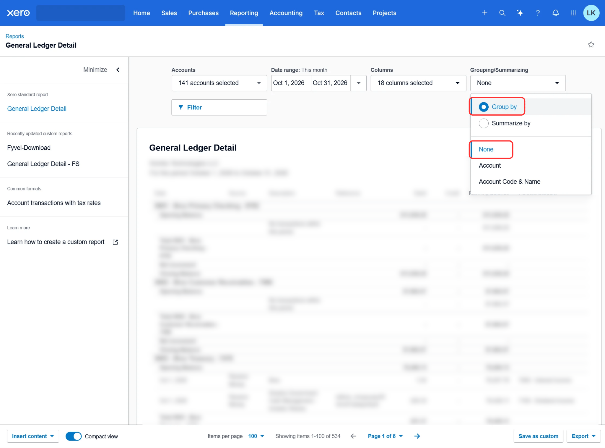 Grouping in Xero: Group by None