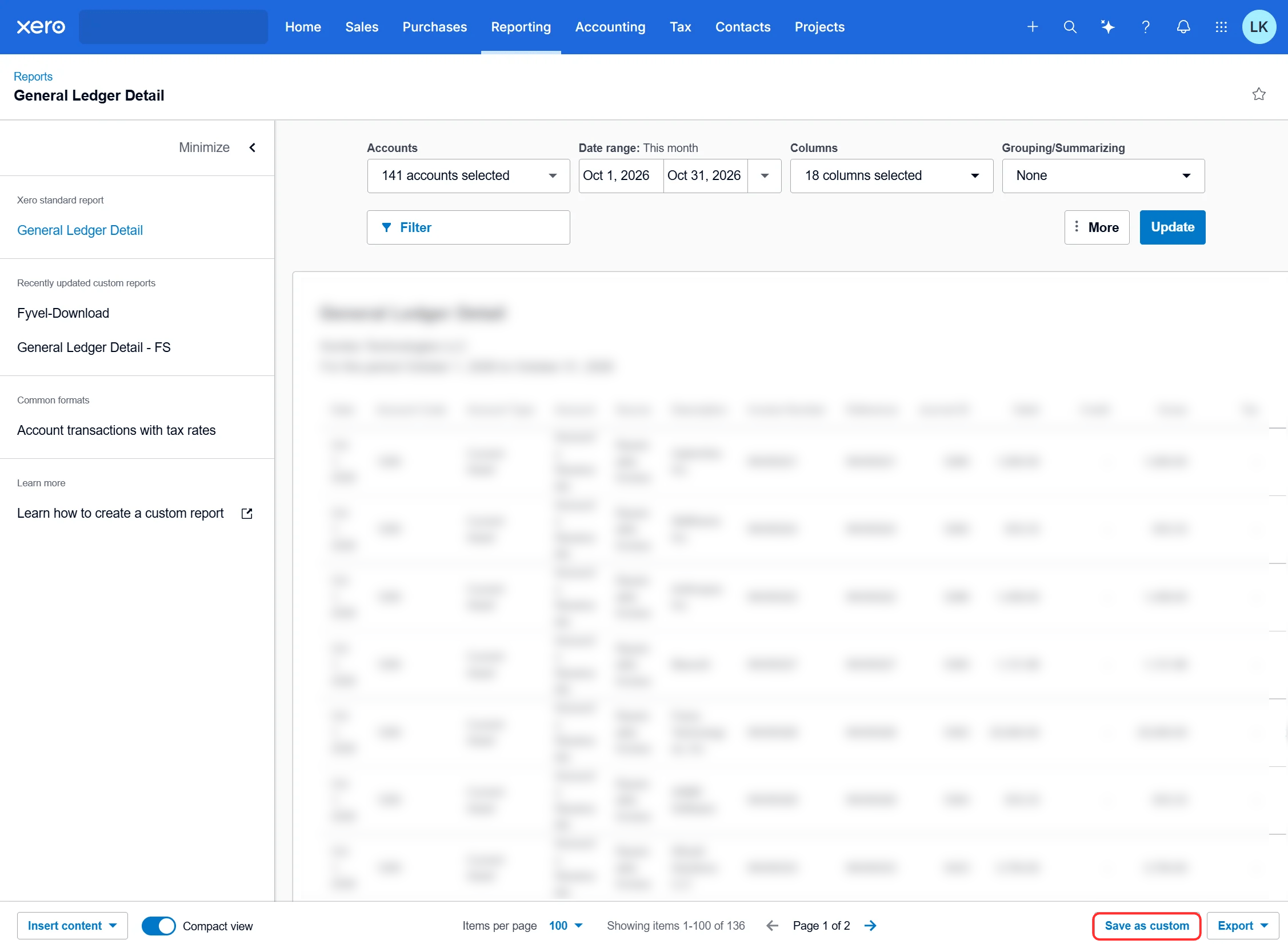 Save as custom im Xero-Bericht