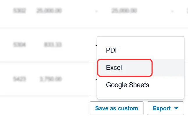 Exportmenü in Xero mit Excel