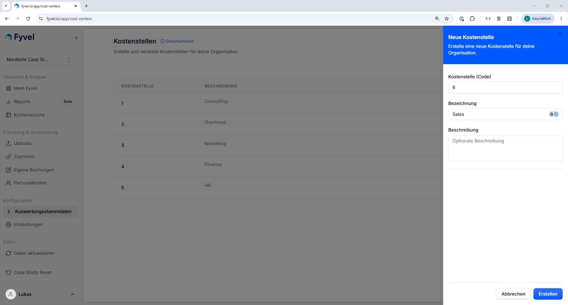 Dialog in Fyvel zum Erstellen einer Kostenstelle mit Code, Bezeichnung und Beschreibung