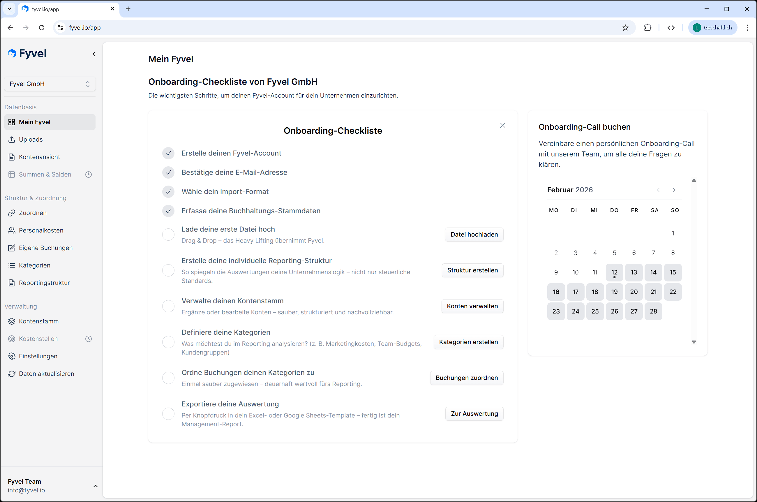 Onboarding checklist in Fyvel with the main setup steps