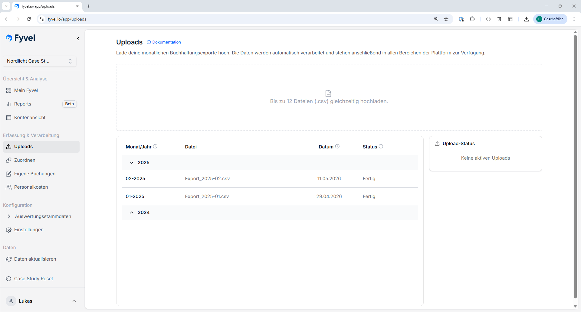 Fyvel Uploads-Seite mit Drag-and-drop-Bereich und Tabelle bisheriger Uploads
