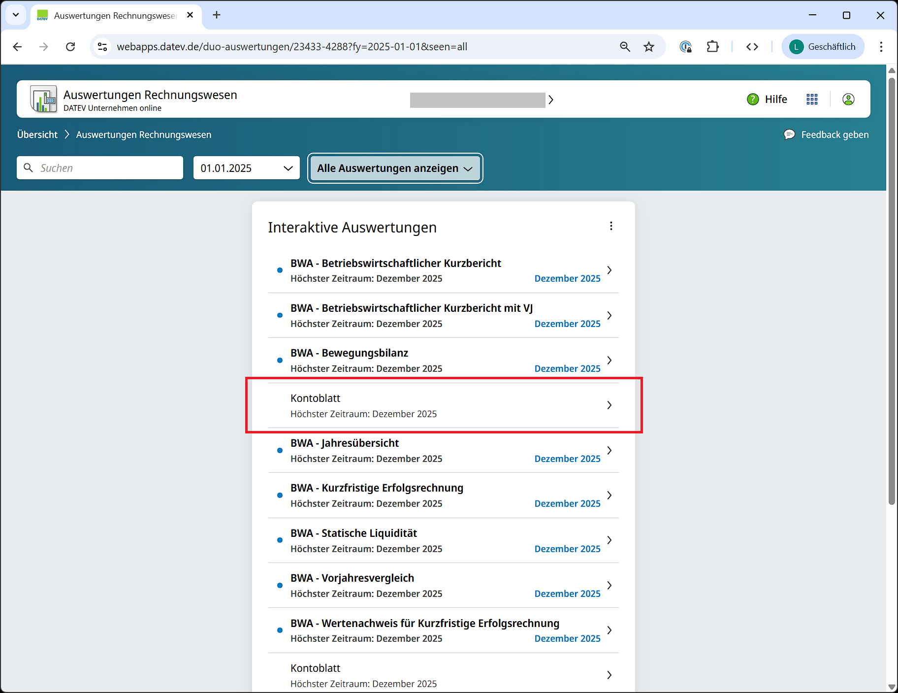 Navigation in DATEV Unternehmen Online zum Auffinden der Kontoblattansicht