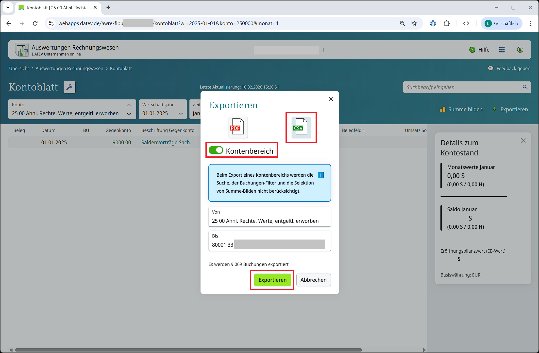 Export eines Kontenbereichs als CSV in DATEV Unternehmen Online