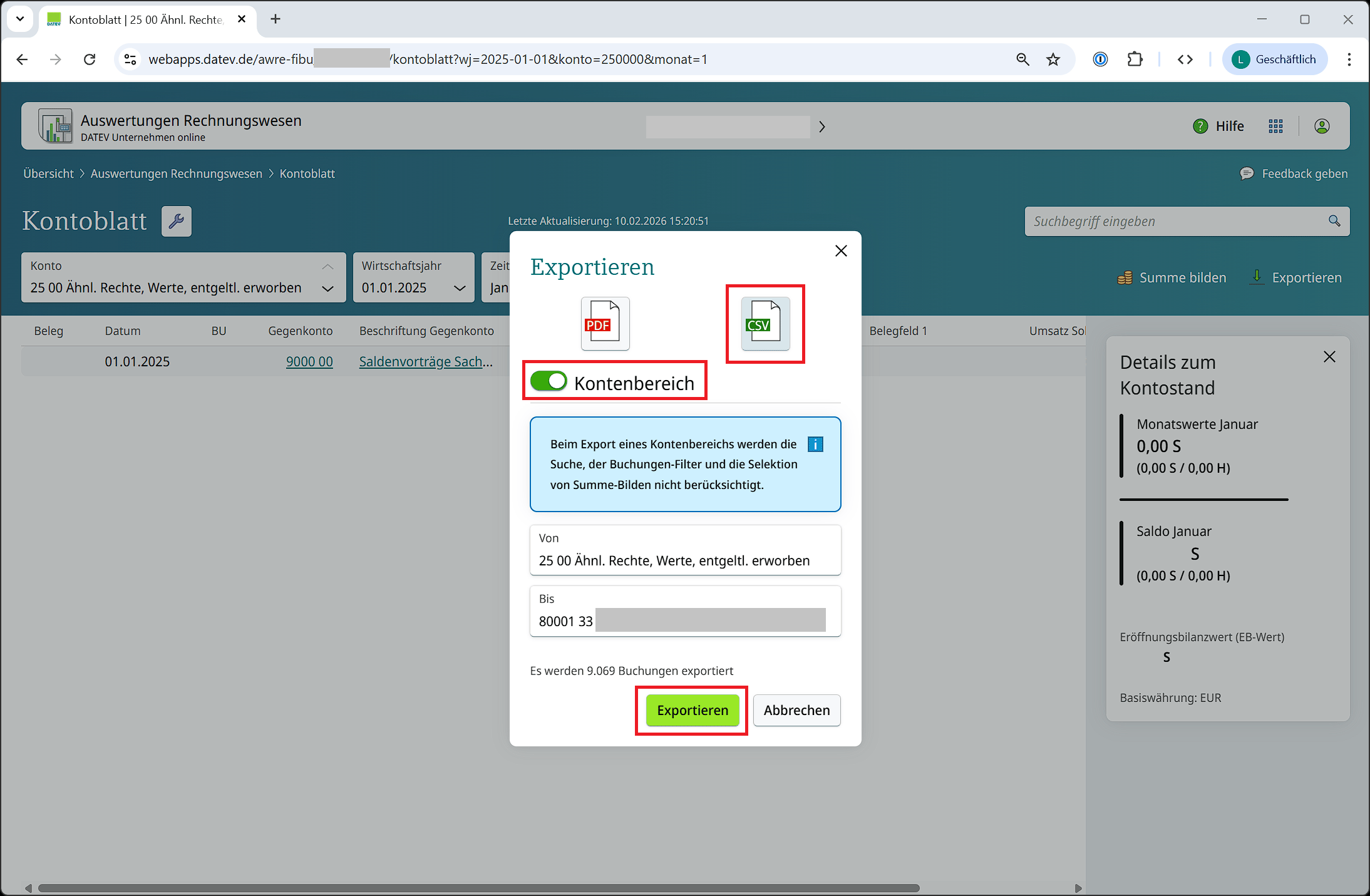 Export eines Kontenbereichs als CSV in DATEV Unternehmen Online