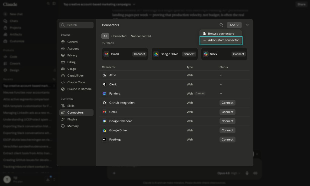 Add custom connector menu
