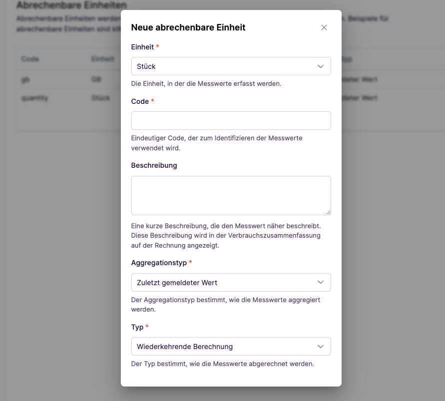 Abrechenbare Einheit hinzufĂŒgen