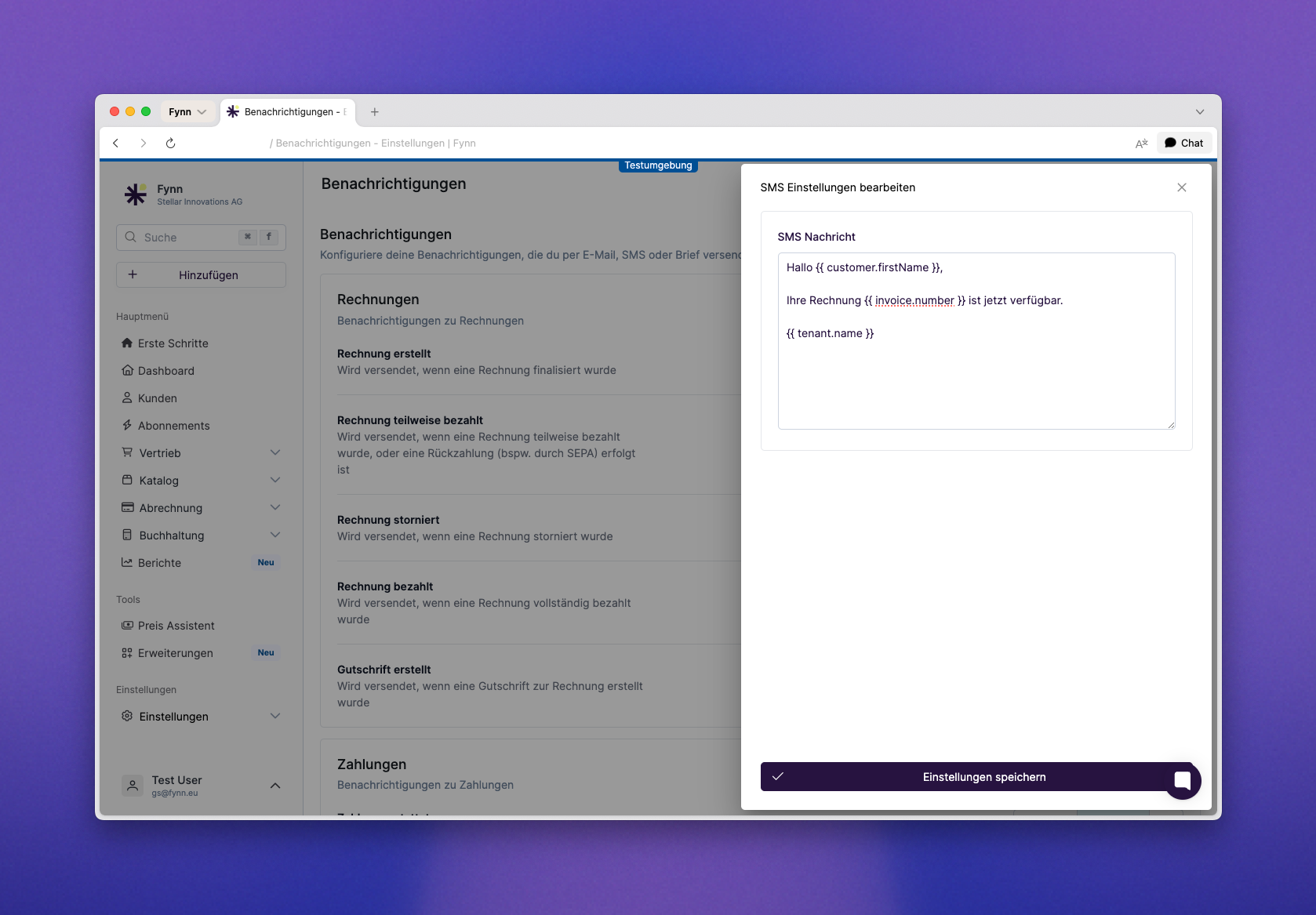 Einstellungen der Benachrichtungen für SMS