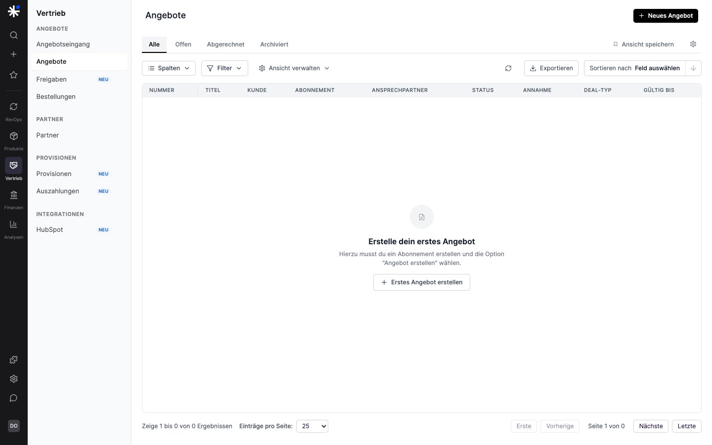 Angebotsliste mit hervorgehobener Schaltfläche Neues Angebot