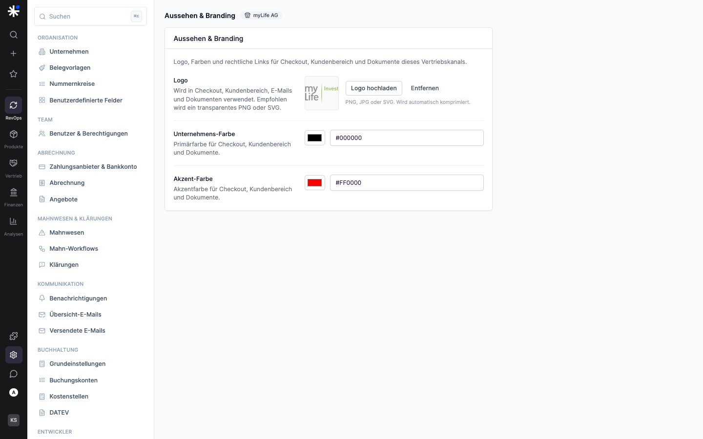 Seite Aussehen und Branding mit Logo-Upload und Farbwählern