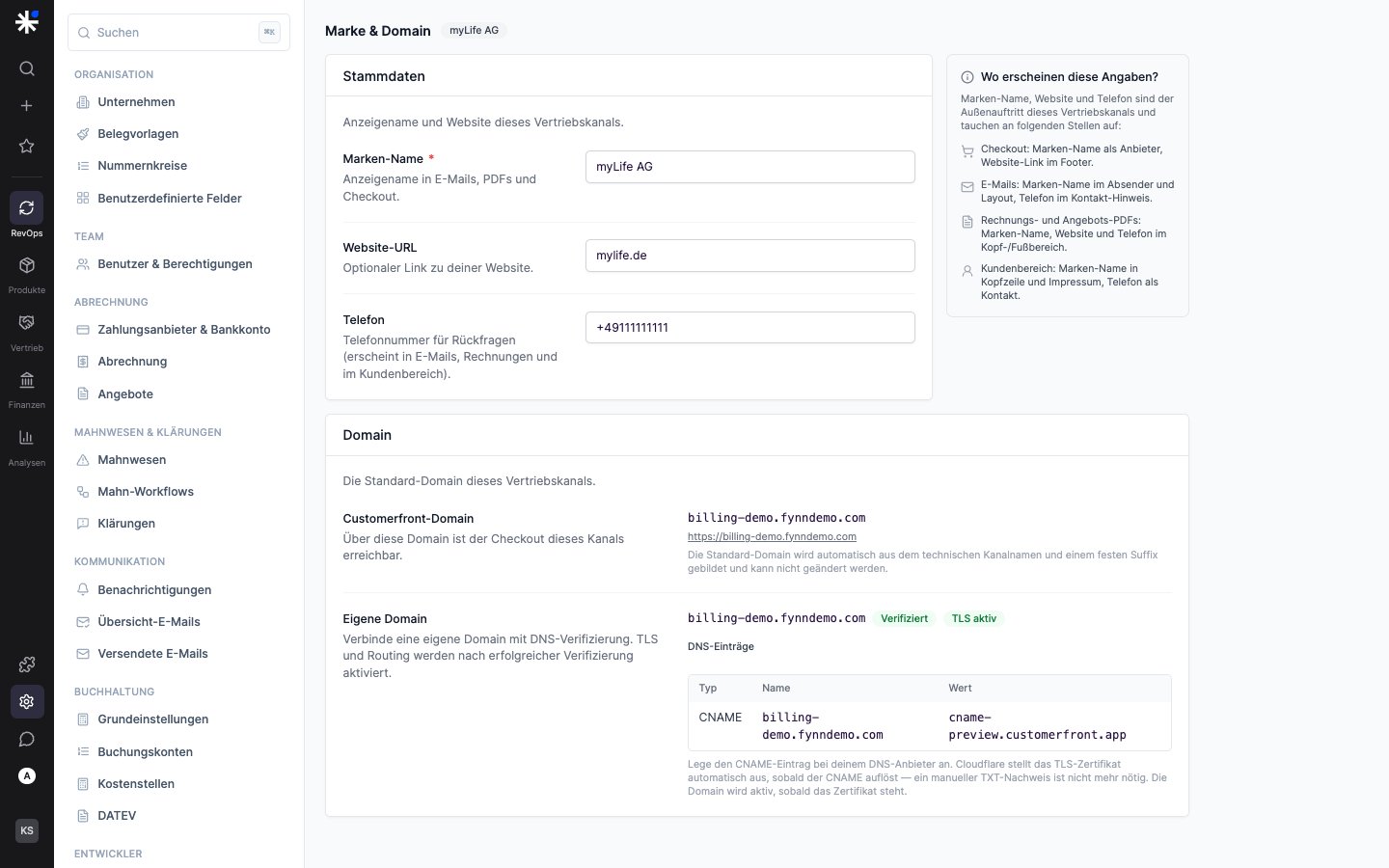 Seite Marke und Domain mit Stammdaten und verifizierter eigener Domain