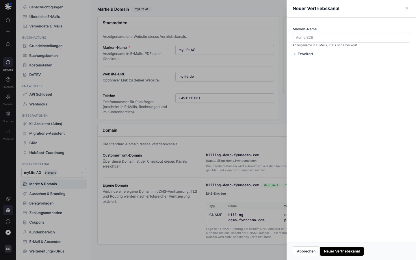 Dialog Neuer Vertriebskanal mit Feld Marken-Name und Erweitert-Bereich