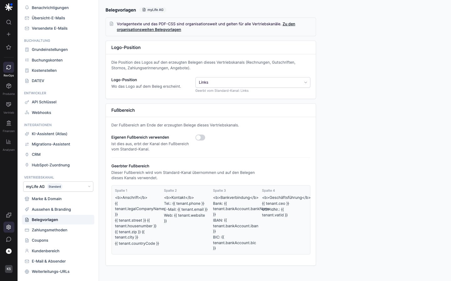 Seite Belegvorlagen mit Logo-Position und Fußbereich