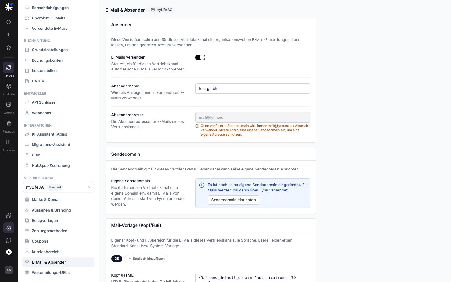 Seite E-Mail und Absender mit Absender, Sendedomain und Mail-Vorlage