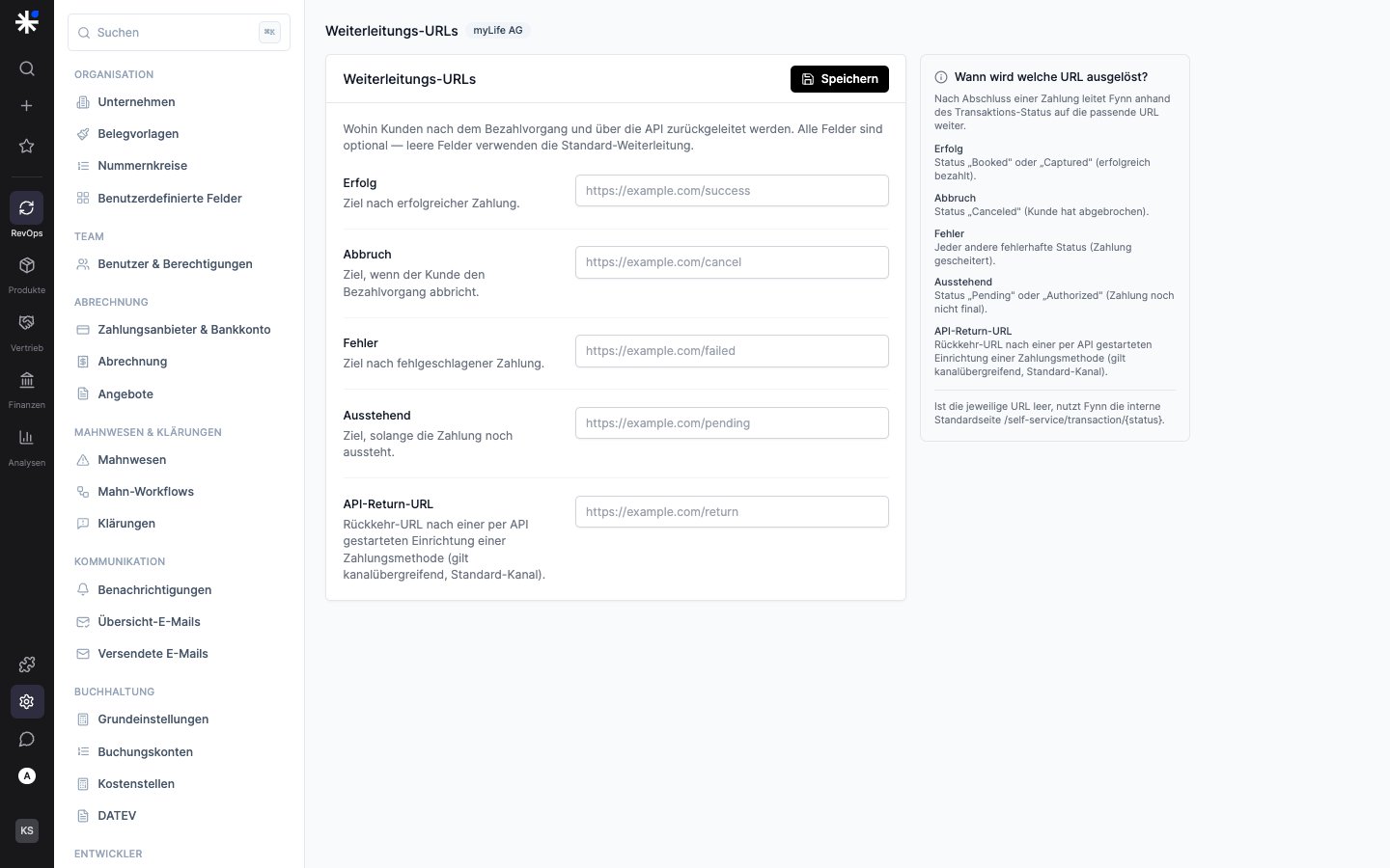 Seite Weiterleitungs-URLs mit den Ziel-URLs je Zahlungsstatus