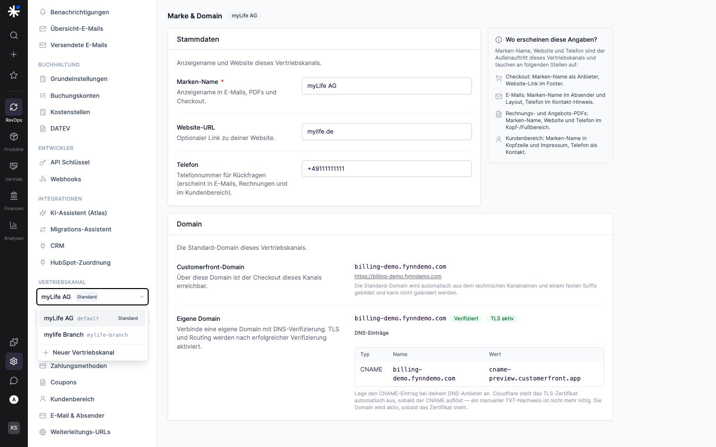 Geöffneter Vertriebskanal-Switcher mit Kanalliste und der Aktion Neuer Vertriebskanal