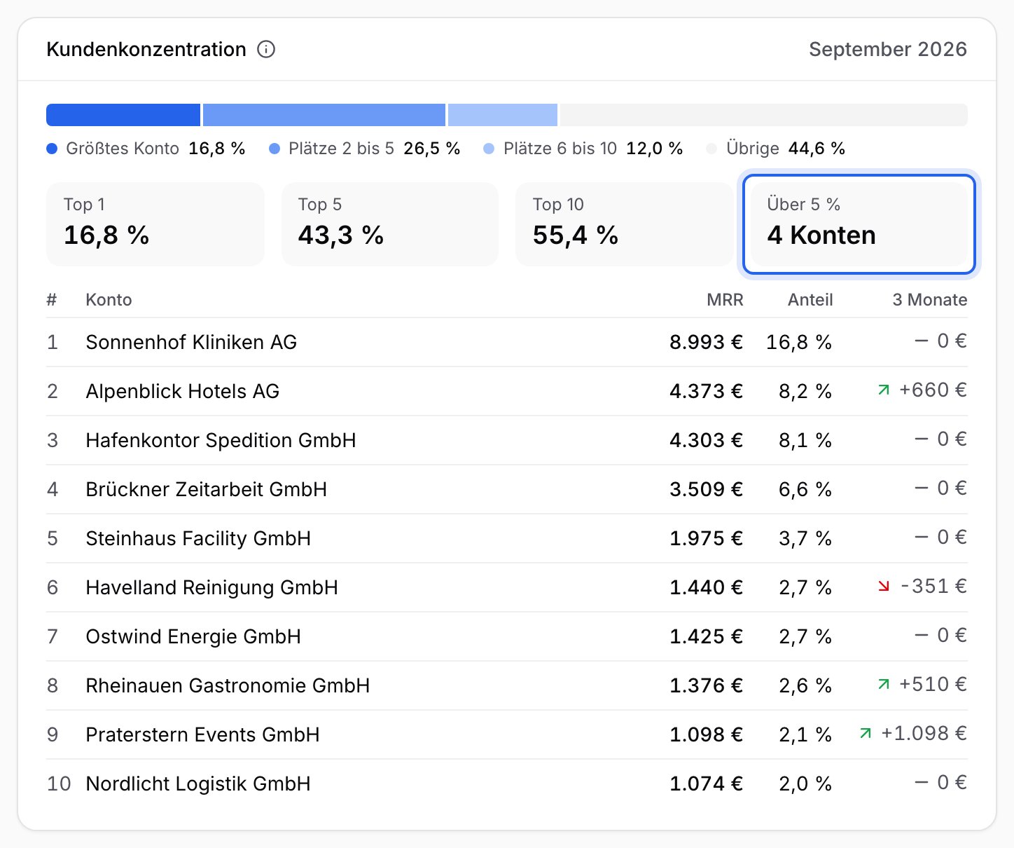 Karte Kundenkonzentration mit Top 1 16,8 %, Top 5 43,3 %, Top 10 55,4 % und 4 Konten über 5 %, in der du die Liste der zehn größten Konten mit Anteil und Veränderung liest