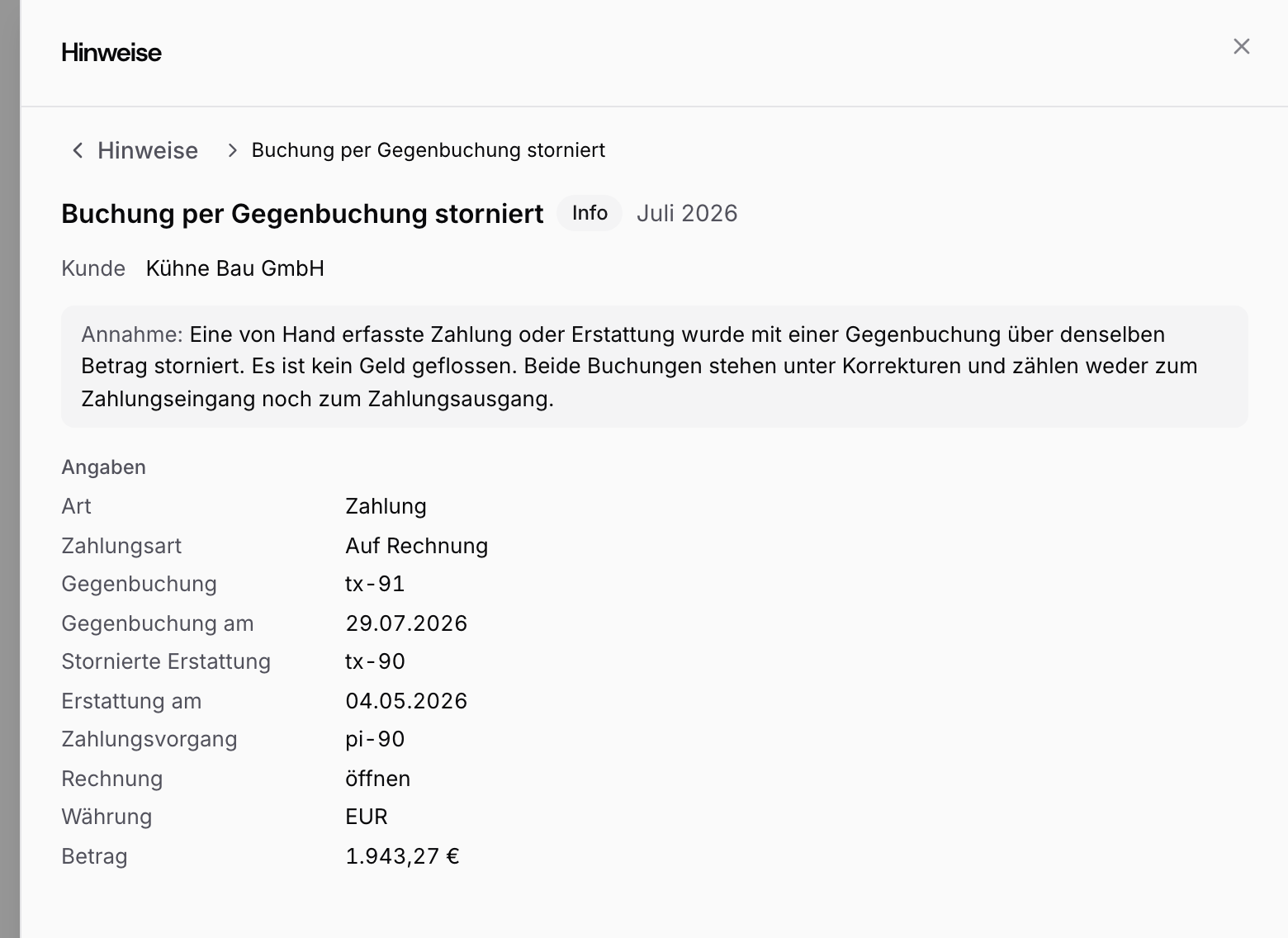Erklärung des Hinweises Buchung per Gegenbuchung storniert mit Art, Zahlungsart, Gegenbuchung, Datum, stornierter Buchung, Rechnung und Betrag 1.943,27 €, in der du beide Buchungen nachvollziehst