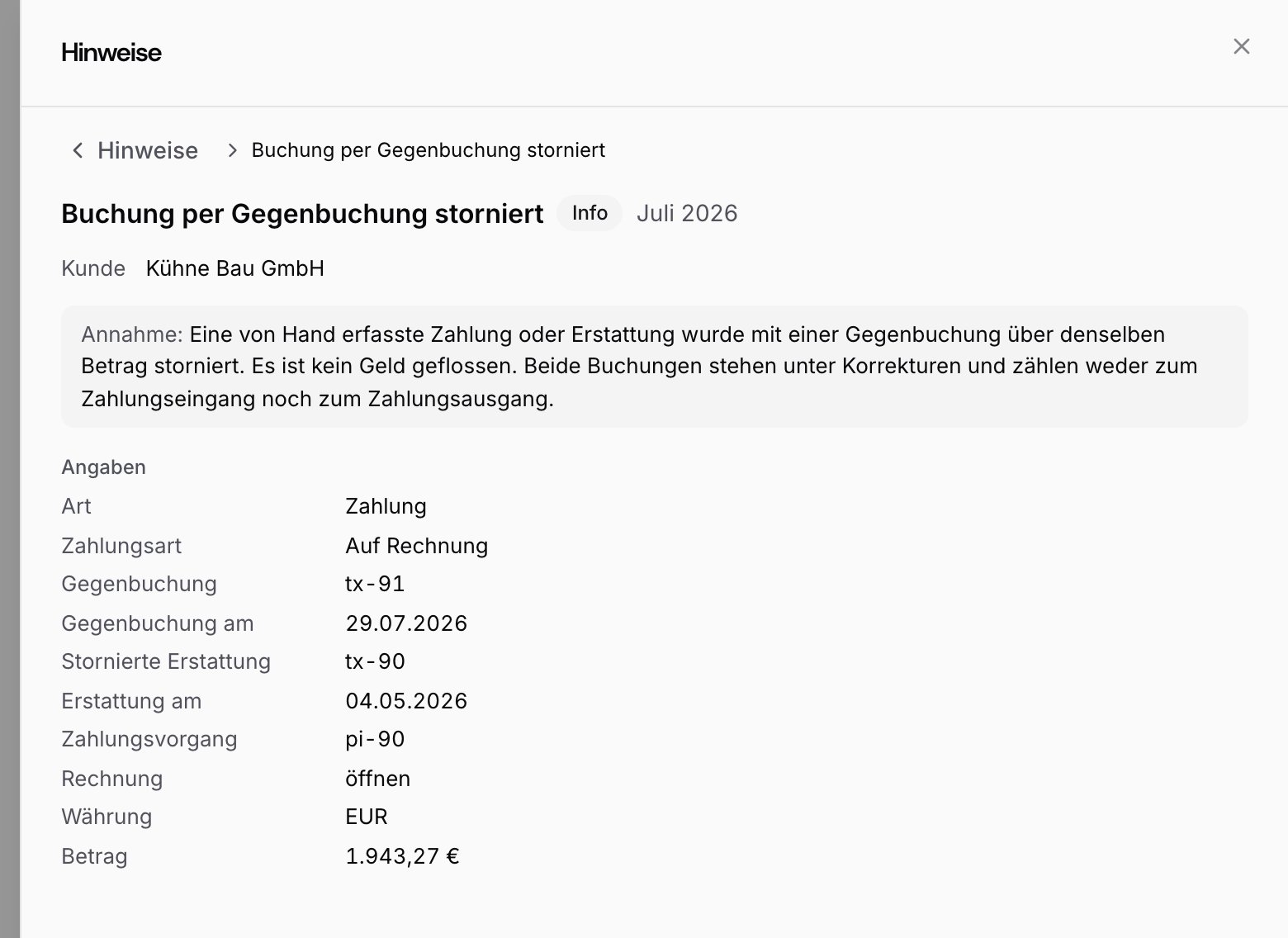 Erklärung des Hinweises Buchung per Gegenbuchung storniert mit Art, Zahlungsart, Gegenbuchung, Datum, stornierter Buchung, Rechnung und Betrag 1.943,27 €, in der du beide Buchungen nachvollziehst
