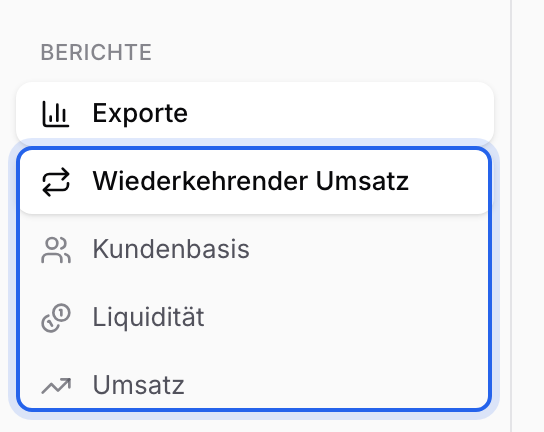 Seitenleiste mit der Gruppe Berichte: du wählst Exporte, Wiederkehrender Umsatz, Kundenbasis, Liquidität oder Umsatz