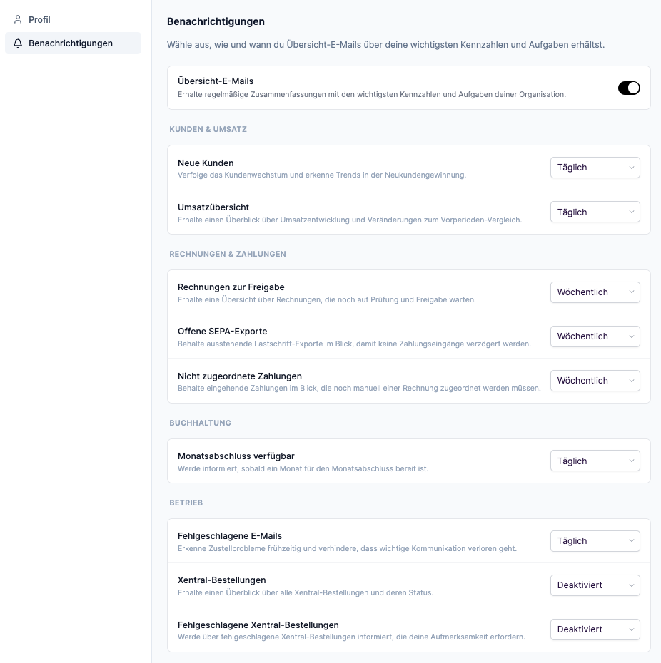 Benachrichtigungseinstellungen im Benutzerkontobereich