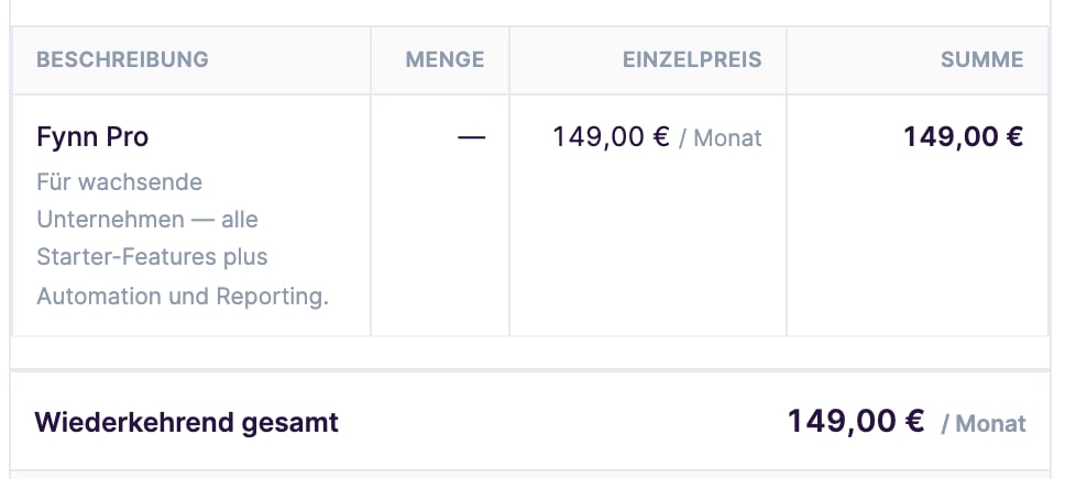 Preis-Block mit getrennten Tabellen für wiederkehrende und einmalige Posten